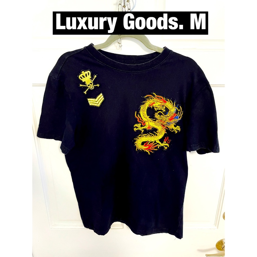 Luxury Goods, Black Embroidered Cotton‎ Tee Shirt Sz Medium